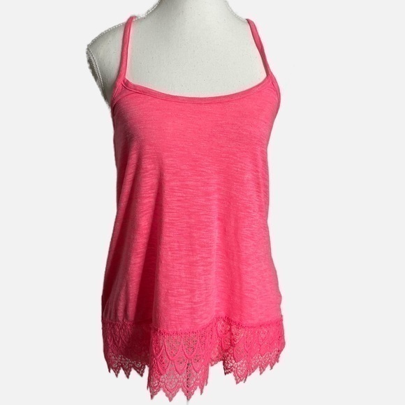 Decree Tops - Decree Racerback Neon Pink Tank Top with Crochet Accents